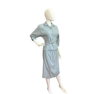 Vintage 40s 50s Skirt Suit Set Blue Gray Wiggle Dress Jacket  Belt Bobbie Brooks